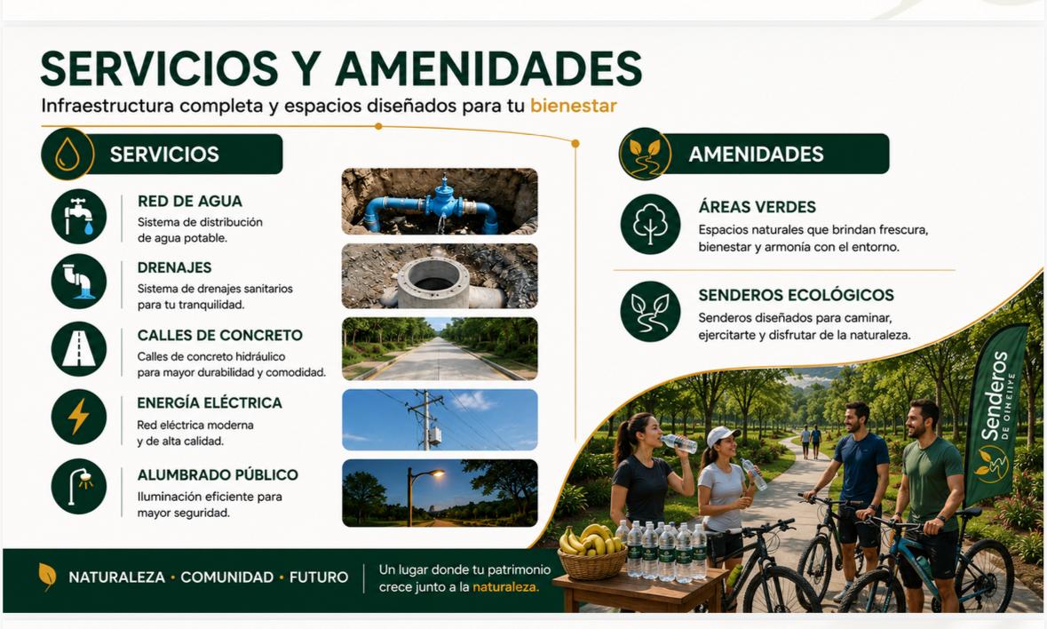 Servicios y amenidades de Senderos de Oriente: red de agua, drenajes, calles de concreto, energía eléctrica, alumbrado público, áreas verdes y senderos ecológicos.