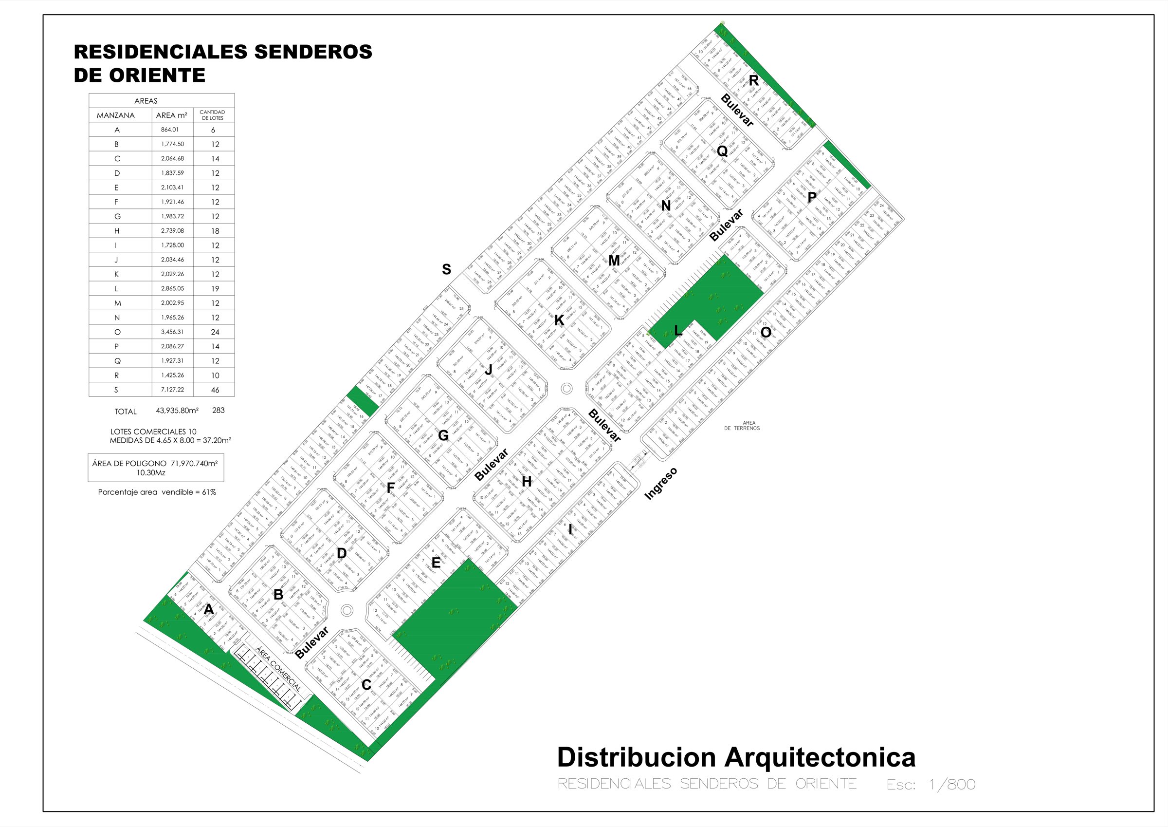 Plano oficial del proyecto Senderos de Oriente con las 19 manzanas residenciales y el área comercial